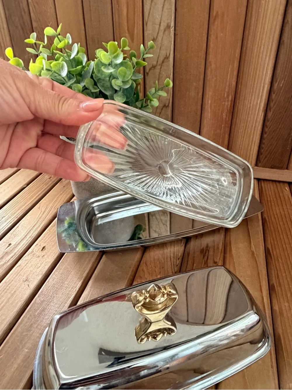 Kromex Vintage 3-Pc Butter Dish, Chrome & Gold Finial, Glass Insert, MCM